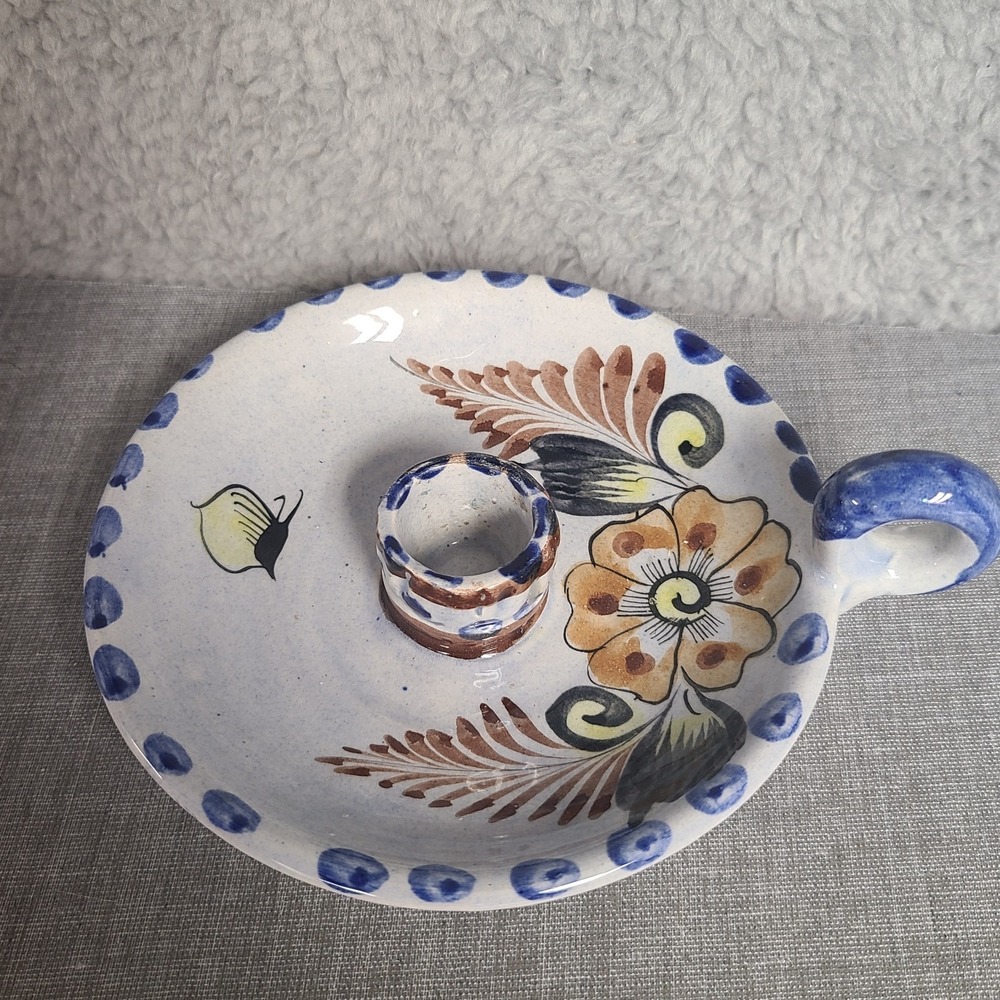 Tonala Mexico Chamberstick Taper Candle Holder Pottery Butterfly Floral Signed - Picture 2 of 10
